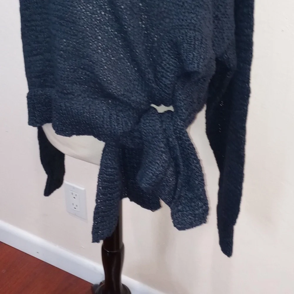 Rodebjer Anisah Blue Tape Yarn Oversize Open Weave Side Tie Sweater, Size XL - Picture 7 of 16
